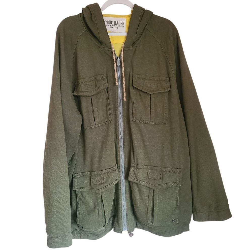 eddie bauer mens hooded utility jacket full zip reversible olive green mens XXL